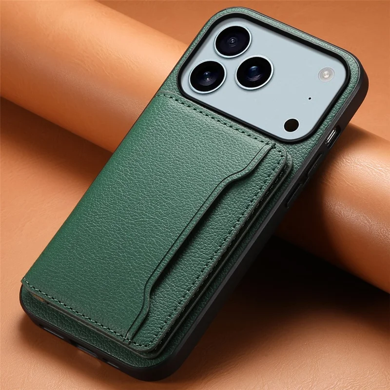 For iPhone 17 Pro Max Case with Card Slots Kickstand Calf Texture Leather Phone Back Cover - Green