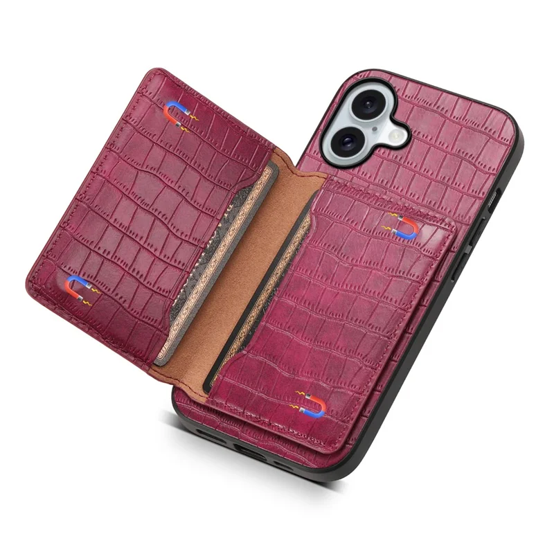 For iPhone 17 Case Card Holder Kickstand Crocodile Texture Leather Back Phone Cover - Red