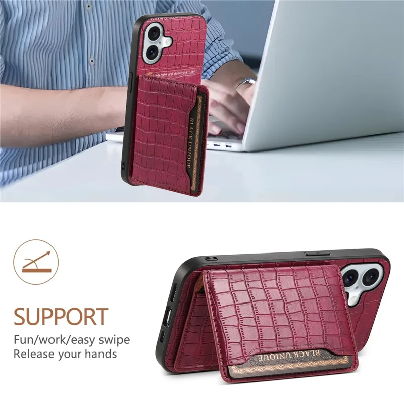 For iPhone 17 Case Card Holder Kickstand Crocodile Texture Leather Back Phone Cover - Red