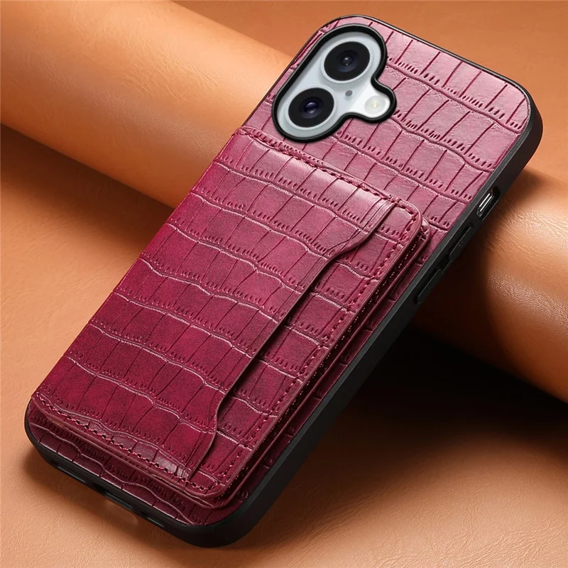 For iPhone 17 Case Card Holder Kickstand Crocodile Texture Leather Back Phone Cover - Red