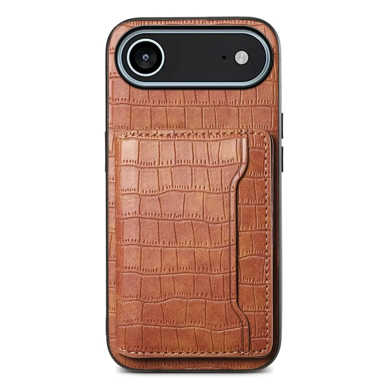 Étui de protection pour iPhone 17 avec support et porte-cartes - Texture crocodile en cuir marron