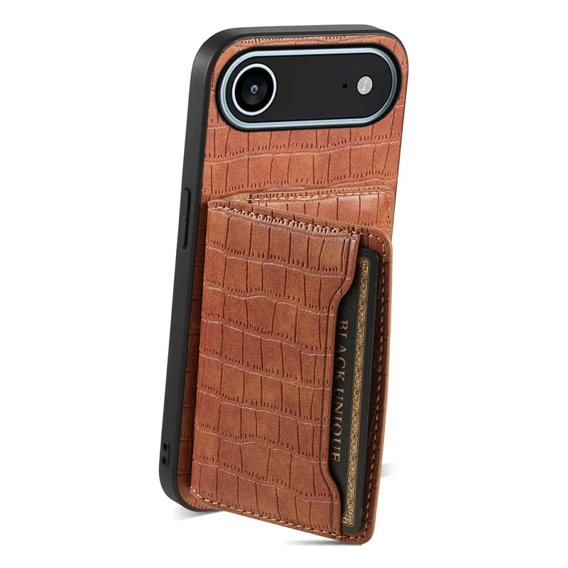 Étui de protection pour iPhone 17 avec support et porte-cartes - Texture crocodile en cuir marron