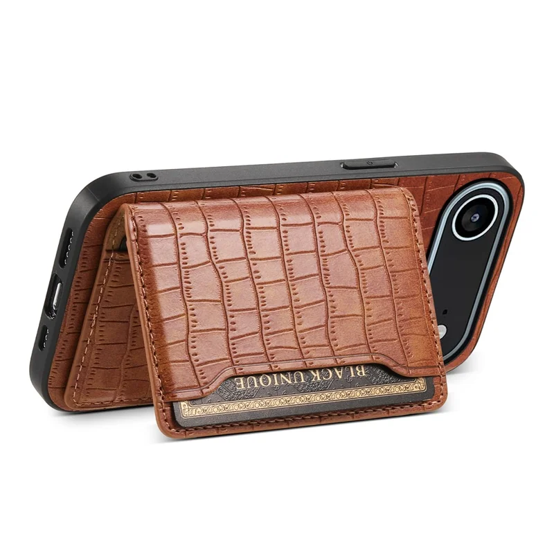 Étui de protection pour iPhone 17 avec support et porte-cartes - Texture crocodile en cuir marron