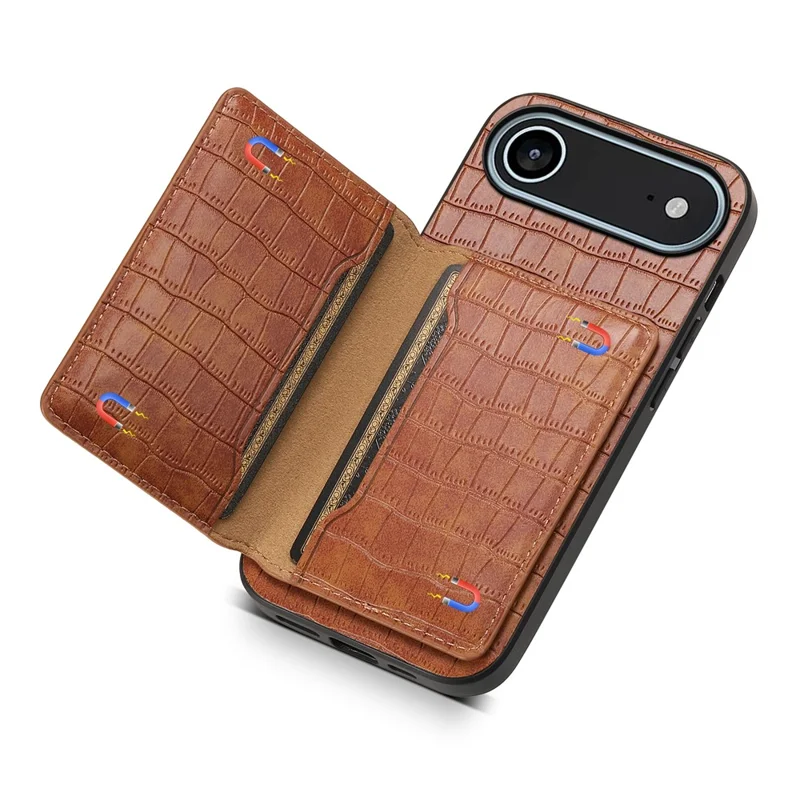 Étui de protection pour iPhone 17 avec support et porte-cartes - Texture crocodile en cuir marron