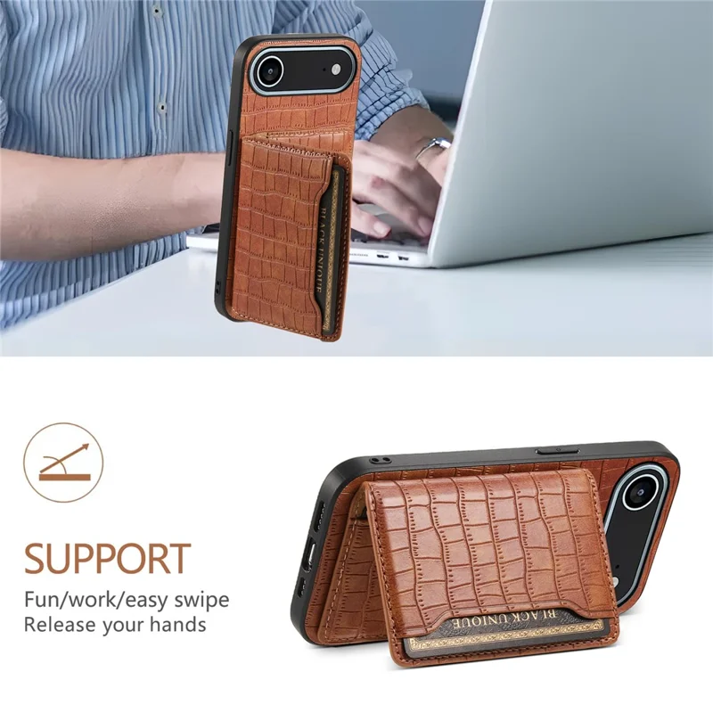 Étui de protection pour iPhone 17 avec support et porte-cartes - Texture crocodile en cuir marron
