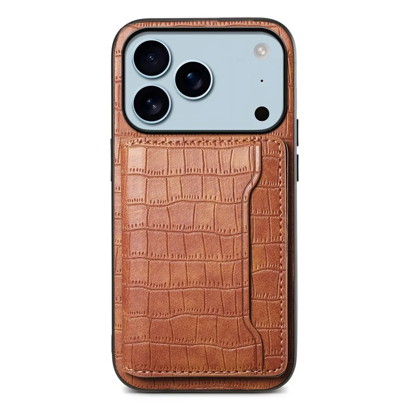 For iPhone 17 Pro Case Card Holder Kickstand Crocodile Texture Leather Back Phone Cover - Brown