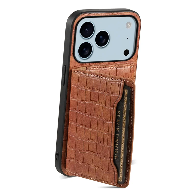 For iPhone 17 Pro Case Card Holder Kickstand Crocodile Texture Leather Back Phone Cover - Brown