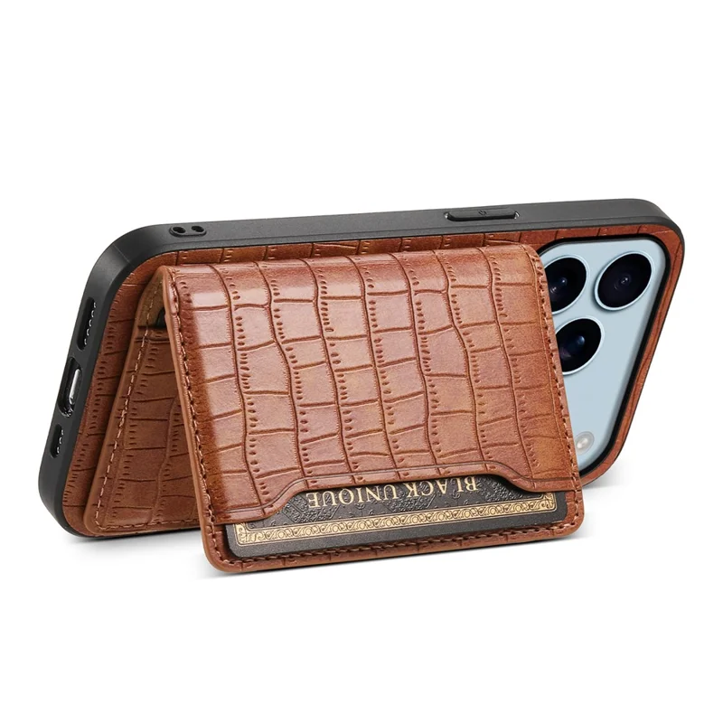 For iPhone 17 Pro Case Card Holder Kickstand Crocodile Texture Leather Back Phone Cover - Brown