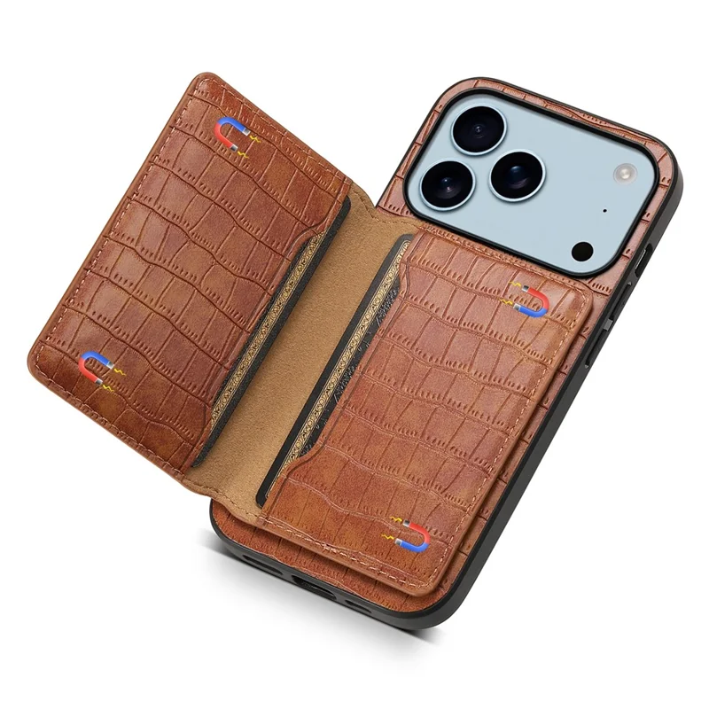 For iPhone 17 Pro Case Card Holder Kickstand Crocodile Texture Leather Back Phone Cover - Brown