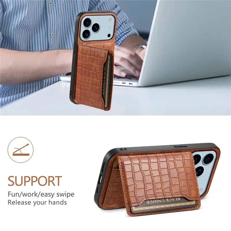 For iPhone 17 Pro Case Card Holder Kickstand Crocodile Texture Leather Back Phone Cover - Brown