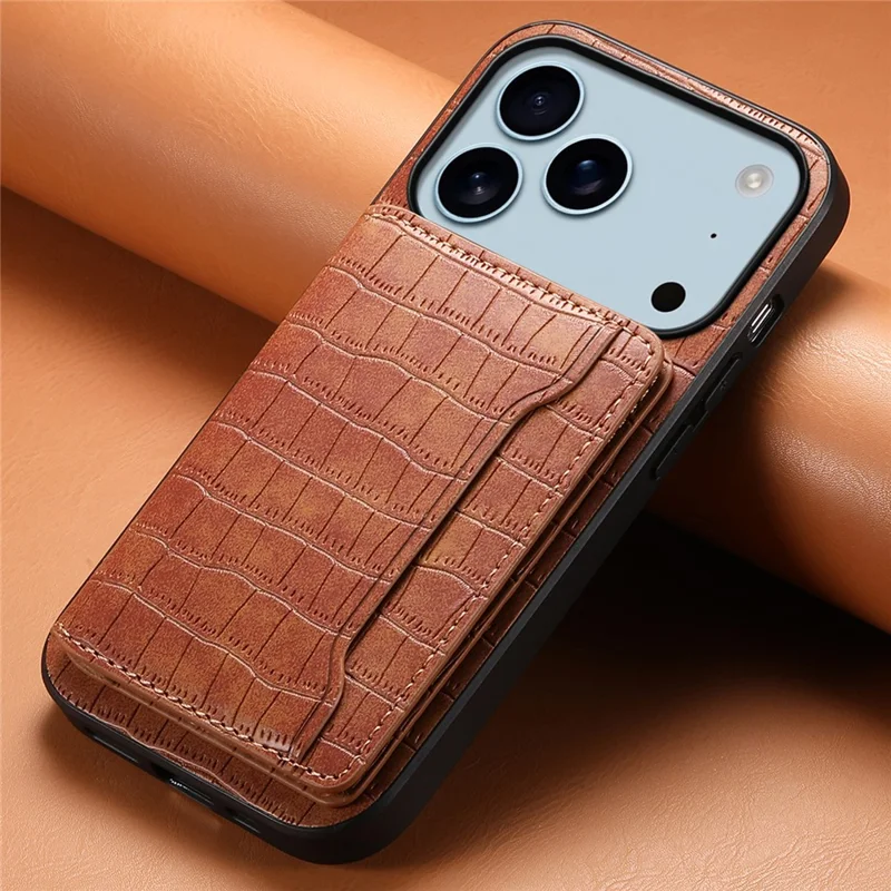 For iPhone 17 Pro Case Card Holder Kickstand Crocodile Texture Leather Back Phone Cover - Brown