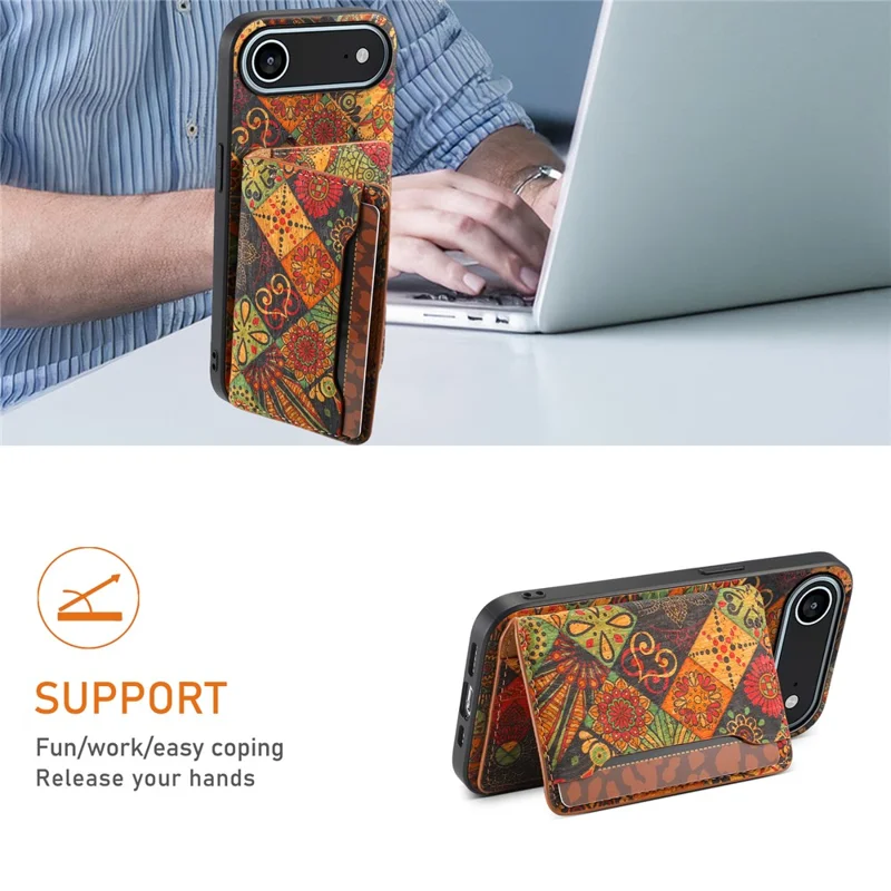 Para iPhone 17 Capa de Ar com Estampa Floral Couro + PC + TPU com Porta-cartões e Suporte - Outono / Amarelo