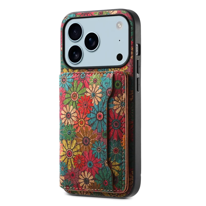Cover per iPhone 17 Pro con Stampa Floreale in Pelle + PC + TPU con Porta Carte e Supporto - Primavera / Verde