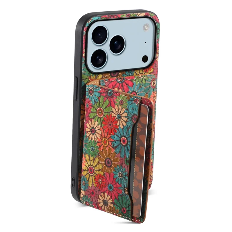 Cover per iPhone 17 Pro con Stampa Floreale in Pelle + PC + TPU con Porta Carte e Supporto - Primavera / Verde