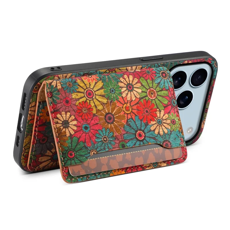 Cover per iPhone 17 Pro con Stampa Floreale in Pelle + PC + TPU con Porta Carte e Supporto - Primavera / Verde