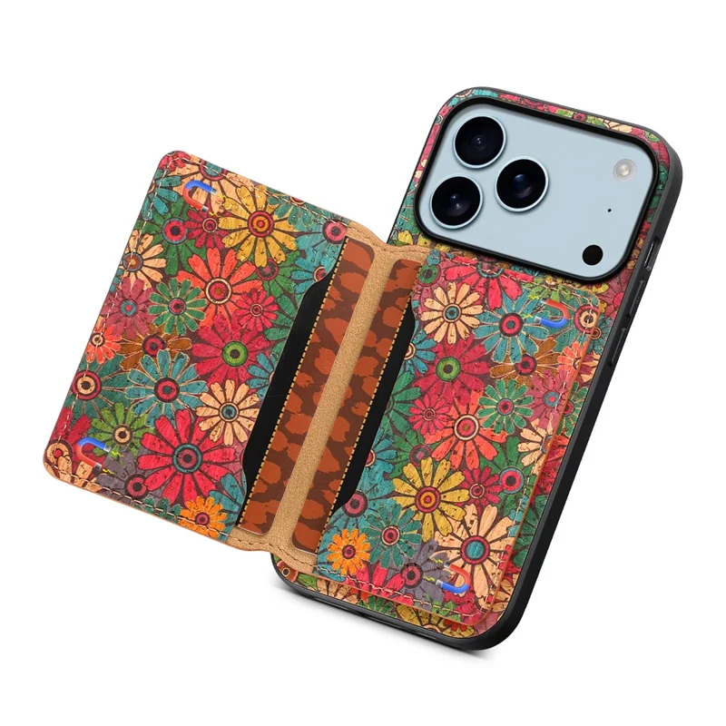 Cover per iPhone 17 Pro con Stampa Floreale in Pelle + PC + TPU con Porta Carte e Supporto - Primavera / Verde
