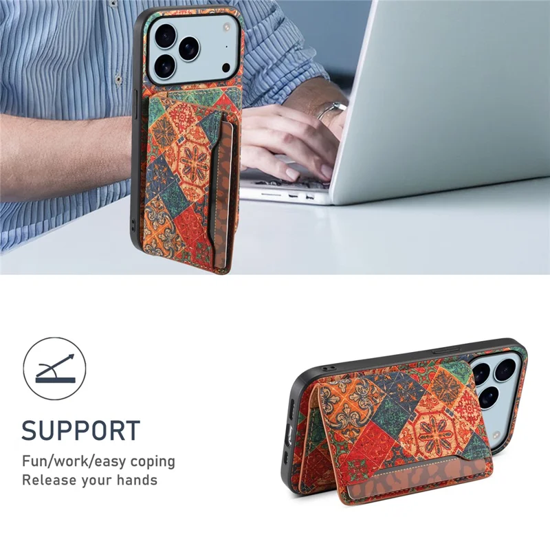 Cover per iPhone 17 Pro con Stampa Floreale in Pelle + PC + TPU con Porta Carte e Supporto - Primavera / Verde