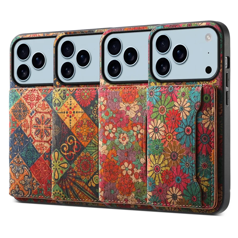 Cover per iPhone 17 Pro con Stampa Floreale in Pelle + PC + TPU con Porta Carte e Supporto - Primavera / Verde