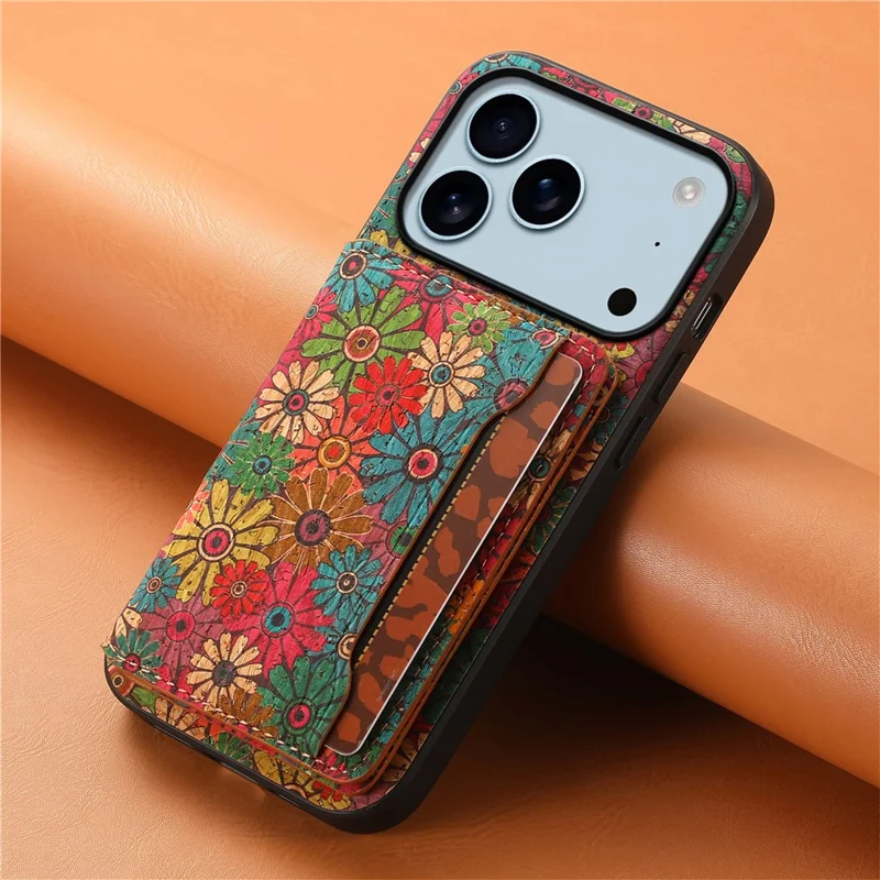 Cover per iPhone 17 Pro con Stampa Floreale in Pelle + PC + TPU con Porta Carte e Supporto - Primavera / Verde