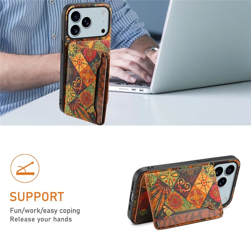 Étui pour iPhone 17 Pro Max Motif Floral en Cuir + PC + TPU avec Porte-Carte et Support - Automne / Jaune