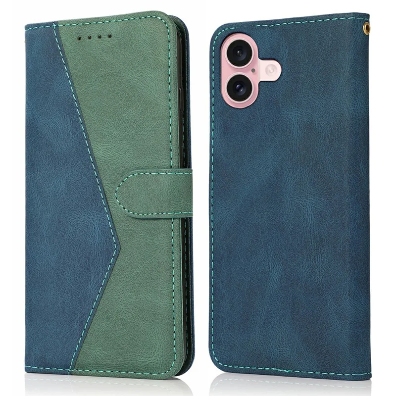 For iPhone 17 Case Color Splicing Wallet Stand Leather Phone Cover with Wrist Strap - Blue / Green