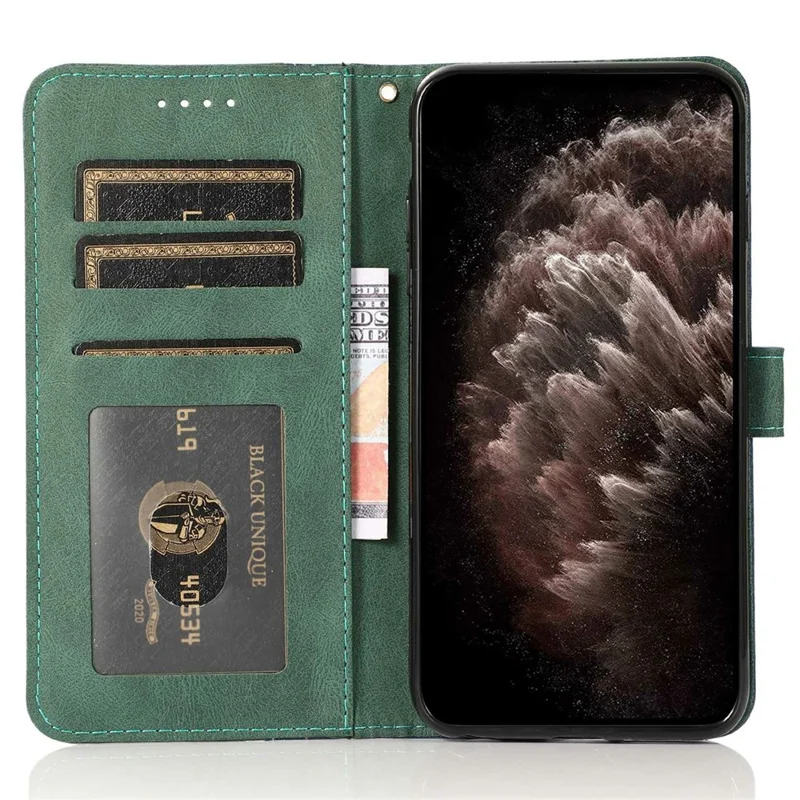 For iPhone 17 Case Color Splicing Wallet Stand Leather Phone Cover with Wrist Strap - Blue / Green