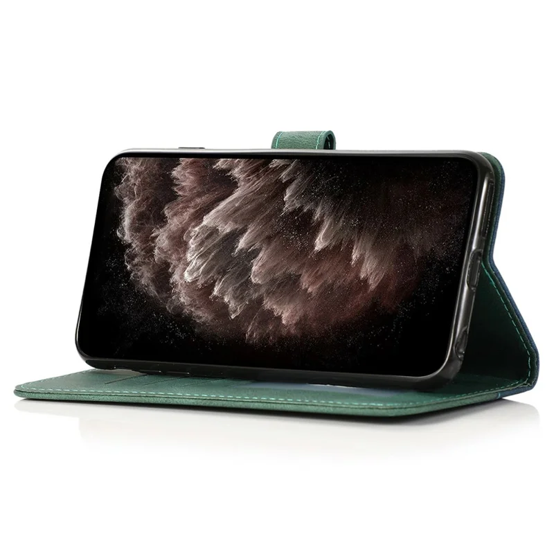 For iPhone 17 Case Color Splicing Wallet Stand Leather Phone Cover with Wrist Strap - Blue / Green