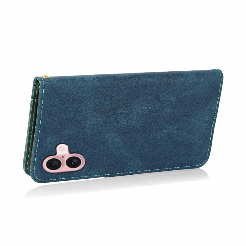 For iPhone 17 Case Color Splicing Wallet Stand Leather Phone Cover with Wrist Strap - Blue / Green