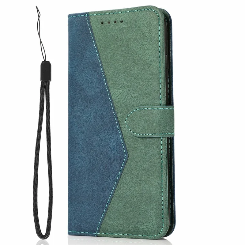 For iPhone 17 Case Color Splicing Wallet Stand Leather Phone Cover with Wrist Strap - Blue / Green
