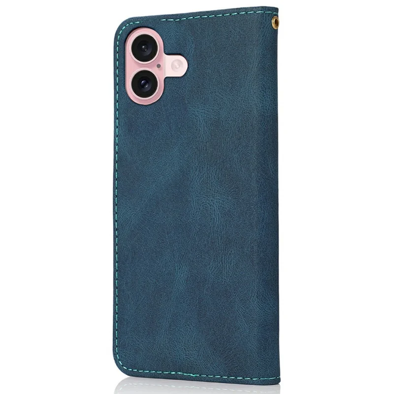 For iPhone 17 Case Color Splicing Wallet Stand Leather Phone Cover with Wrist Strap - Blue / Green
