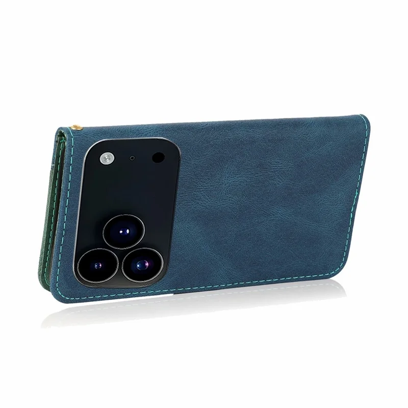 For iPhone 17 Pro Case Color Splicing Wallet Stand Leather Phone Cover with Wrist Strap - Blue / Green