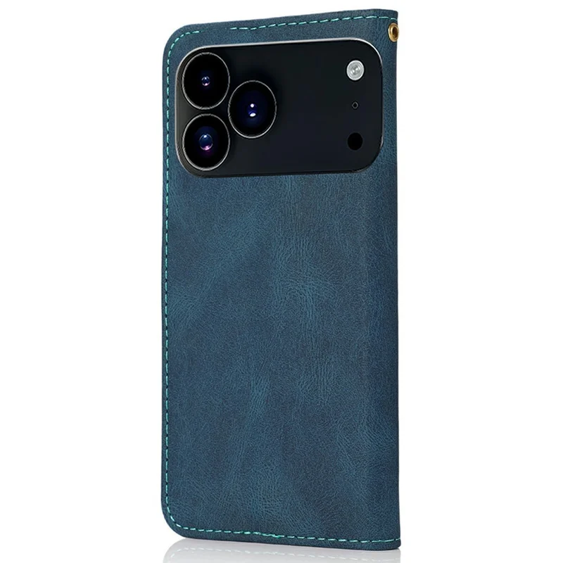 For iPhone 17 Pro Case Color Splicing Wallet Stand Leather Phone Cover with Wrist Strap - Blue / Green