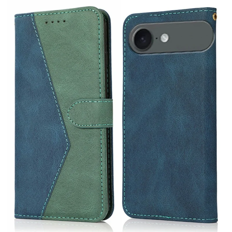 For iPhone Air Case Color Splicing Wallet Stand Leather Phone Cover with Wrist Strap - Blue / Green