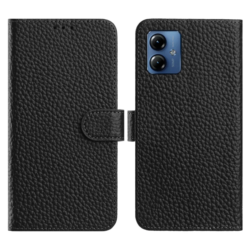 Funda Flip Phone Para Motorola Moto G64y 5G / G54 5G / G14 4G Cartera Soporte Textura de Litchi Cuero Genuino de Vaca - Negro