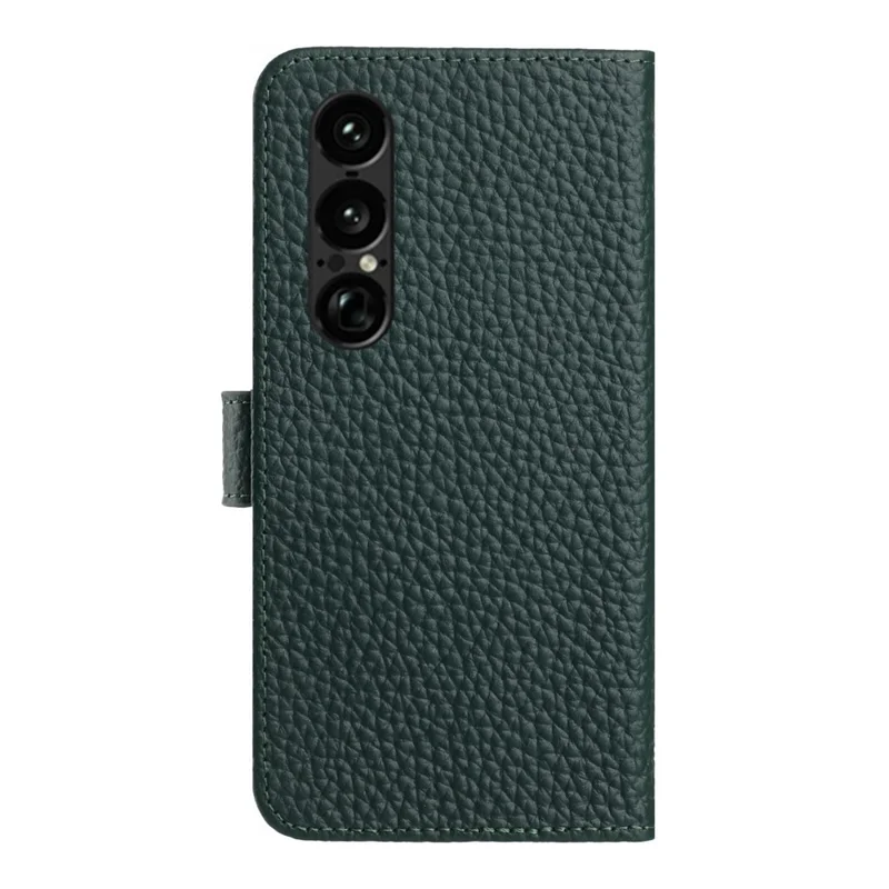Capa de Couro Genuíno de Vaca para Sony Xperia 1 VII com Carteira e Suporte - Textura de Couro de Lichia - Verde