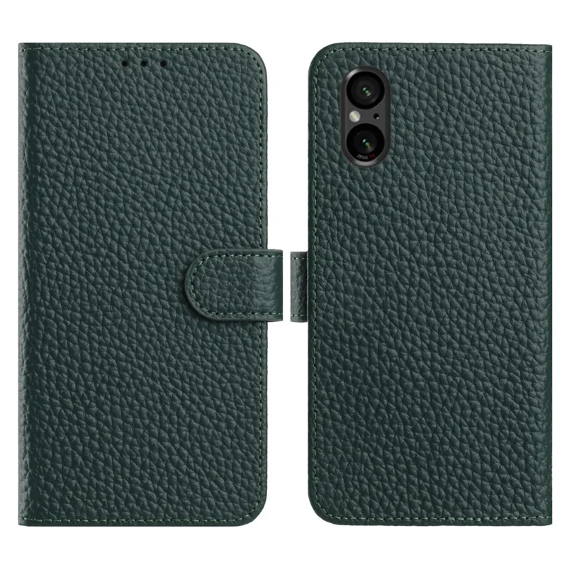 Étui portefeuille pour Sony Xperia 5 V avec support, texture de cuir de vache véritable, style litchi - Vert