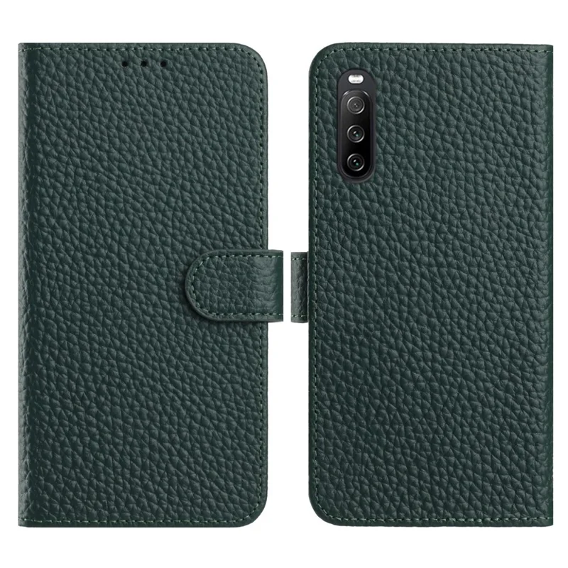 For Sony Xperia 10 IV 5G Case Wallet Stand Litchi Texture Genuine Cow Leather Flip Phone Cover - Green