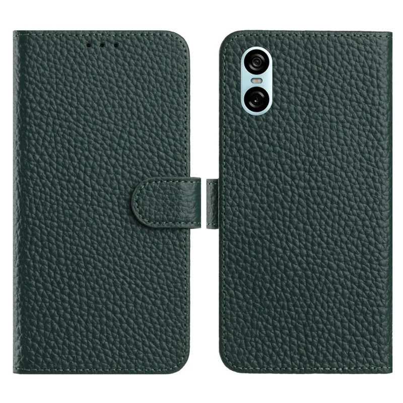 For Sony Xperia 10 VI Case Wallet Stand Litchi Texture Genuine Cow Leather Flip Phone Cover - Green