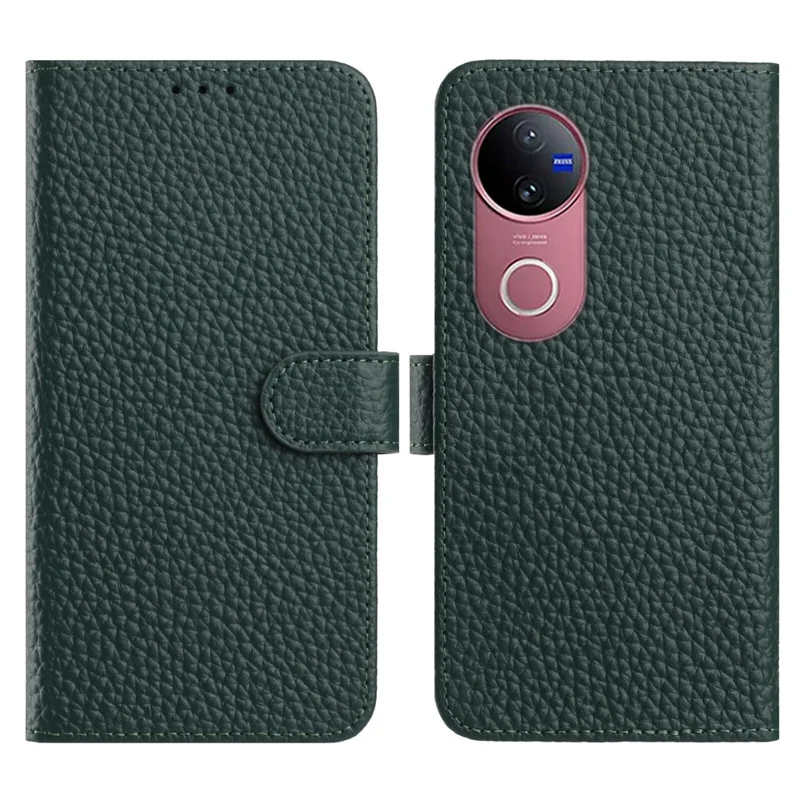 Cover a portafoglio con supporto per vivo V50 5G / V50e 5G, in vera pelle di mucca con texture di litchi - Verde