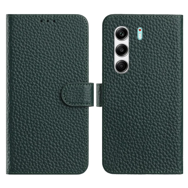 For TECNO Camon 40 Pro 4G Case Wallet Stand Litchi Texture Genuine Cow Leather Flip Phone Cover - Green