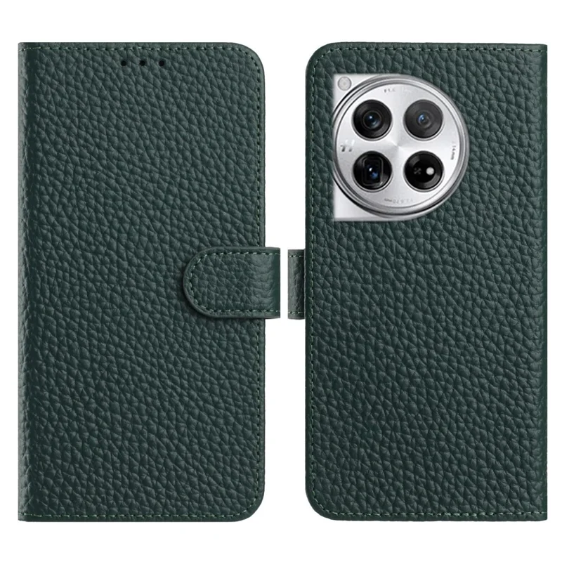 Per OnePlus 12 5G Custodia Portafoglio Stand Texture Litchi Vera Pelle Bovina Flip Phone Cover - Verde