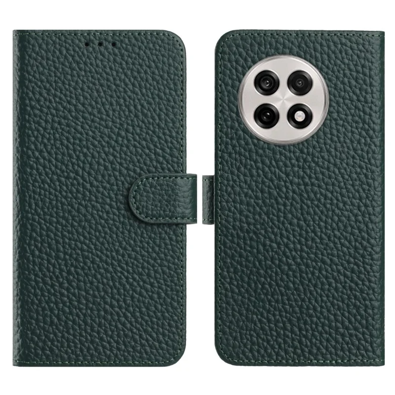 For OnePlus 13R 5G Case Wallet Stand Litchi Texture Genuine Cow Leather Flip Phone Cover - Green