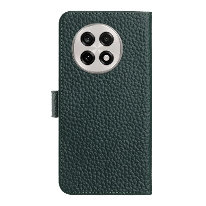 For OnePlus 13R 5G Case Wallet Stand Litchi Texture Genuine Cow Leather Flip Phone Cover - Green