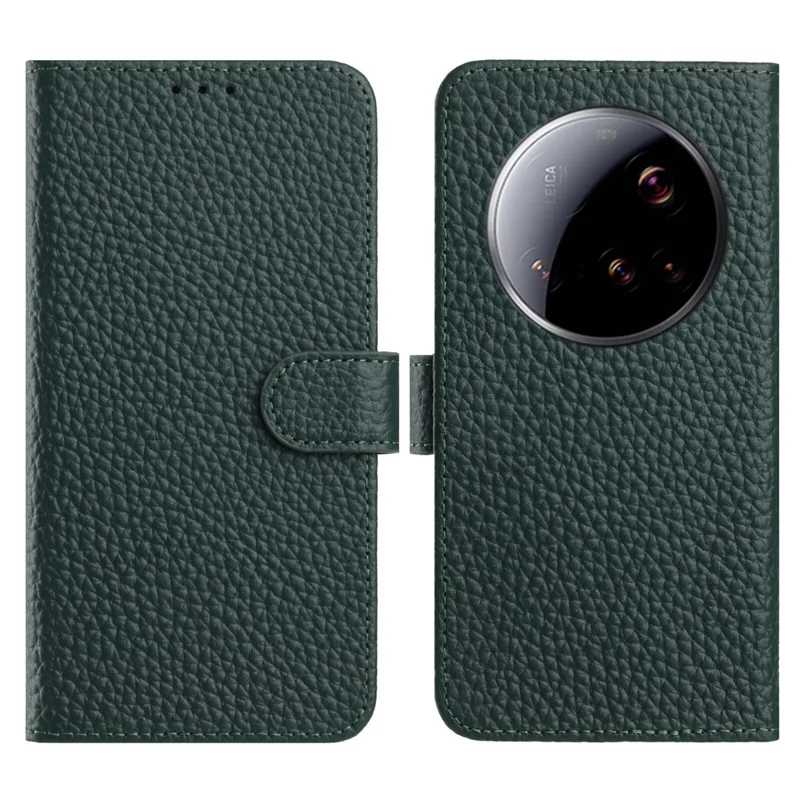 For Xiaomi 15 Ultra Case Wallet Stand Litchi Texture Genuine Cow Leather Flip Phone Cover - Green