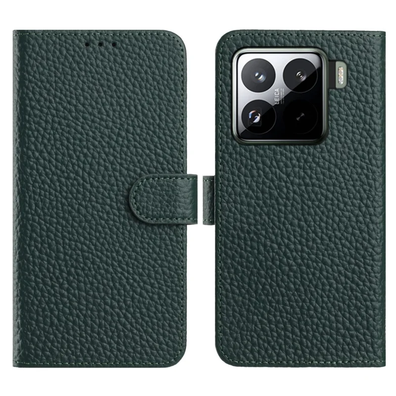Cover a portafoglio con supporto per Xiaomi 15 Pro - Texture Litchi, Vera Pelle di Mucca, Custodia Protettiva a Libro - Verde