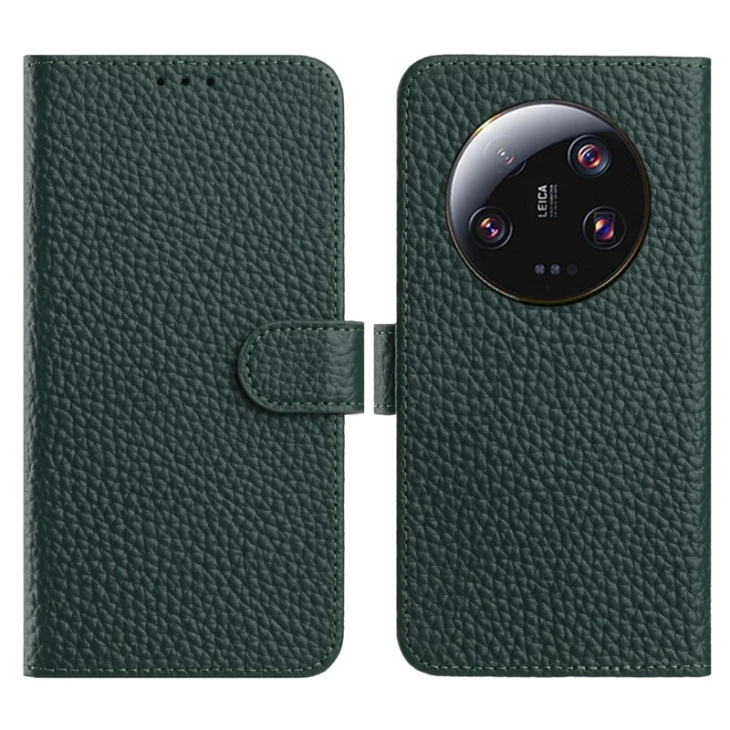 For Xiaomi 14 Ultra Case Wallet Stand Litchi Texture Genuine Cow Leather Flip Phone Cover - Green