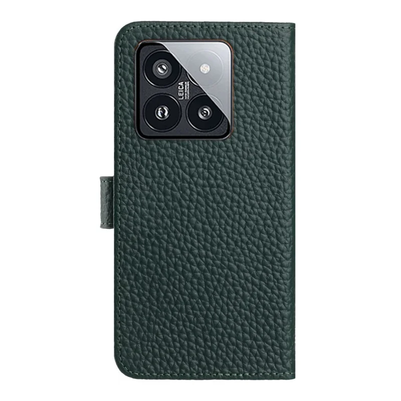 Capa de Couro Genuíno de Vaca para Xiaomi 14 com Textura de Lichia, Carteira e Suporte - Verde