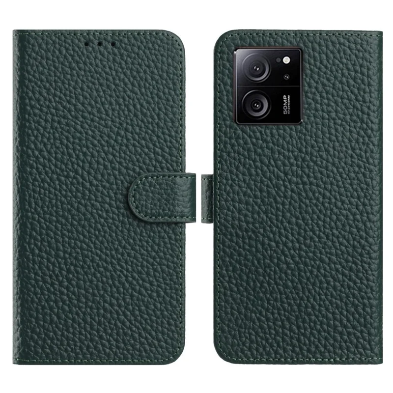 Für Xiaomi 13T Pro / 13T Hülle Brieftasche Ständer Litschi-Textur Echtes Kuhlederfaltbar Handyhülle - Grün