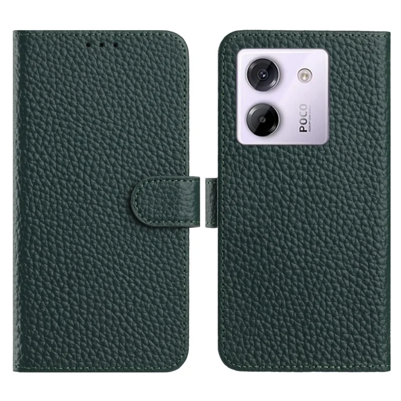 Für Xiaomi Redmi Note 14 5G / Poco M7 Pro 5G Hülle Geldbörse Ständer Litschi-Textur Echtes Kuhlederfaltbare Handyhülle - Grün