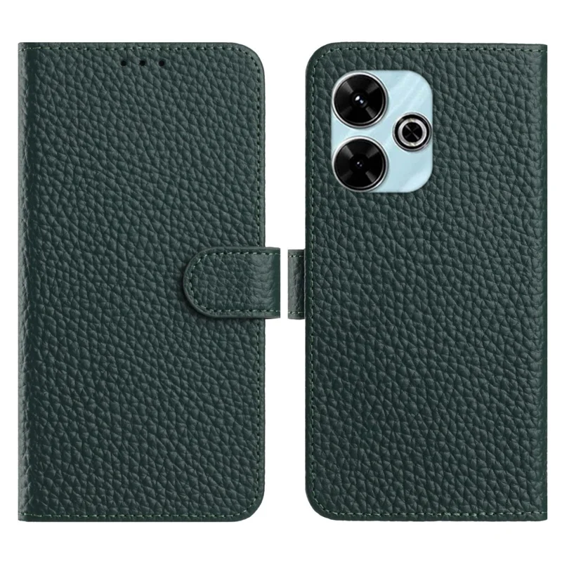 Cover a Portafoglio per Xiaomi Redmi 13x 4G / 13 5G / 13 4G / Poco M6 Plus 5G / M6 4G con Supporto, Texture Simil-Pelle di Vacchetta, in Vera Pelle Bovina - Verde